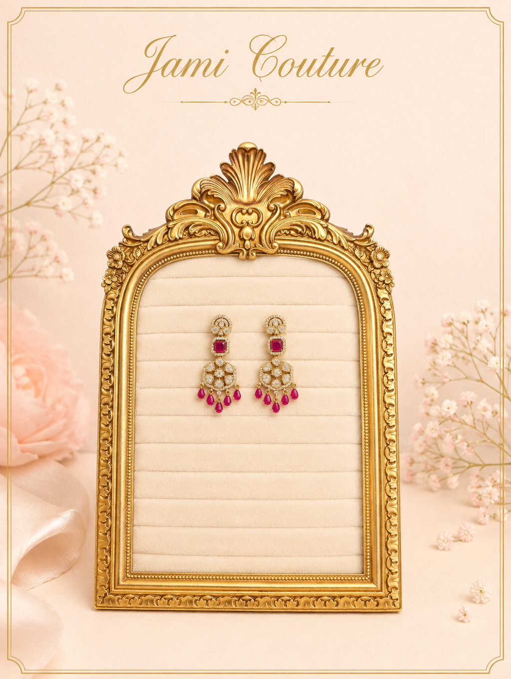 Ruby & White Kundan Chandelier Drop Earrings with Ruby Bead Fringe | Antique Gold-Toned Statement Jewelry