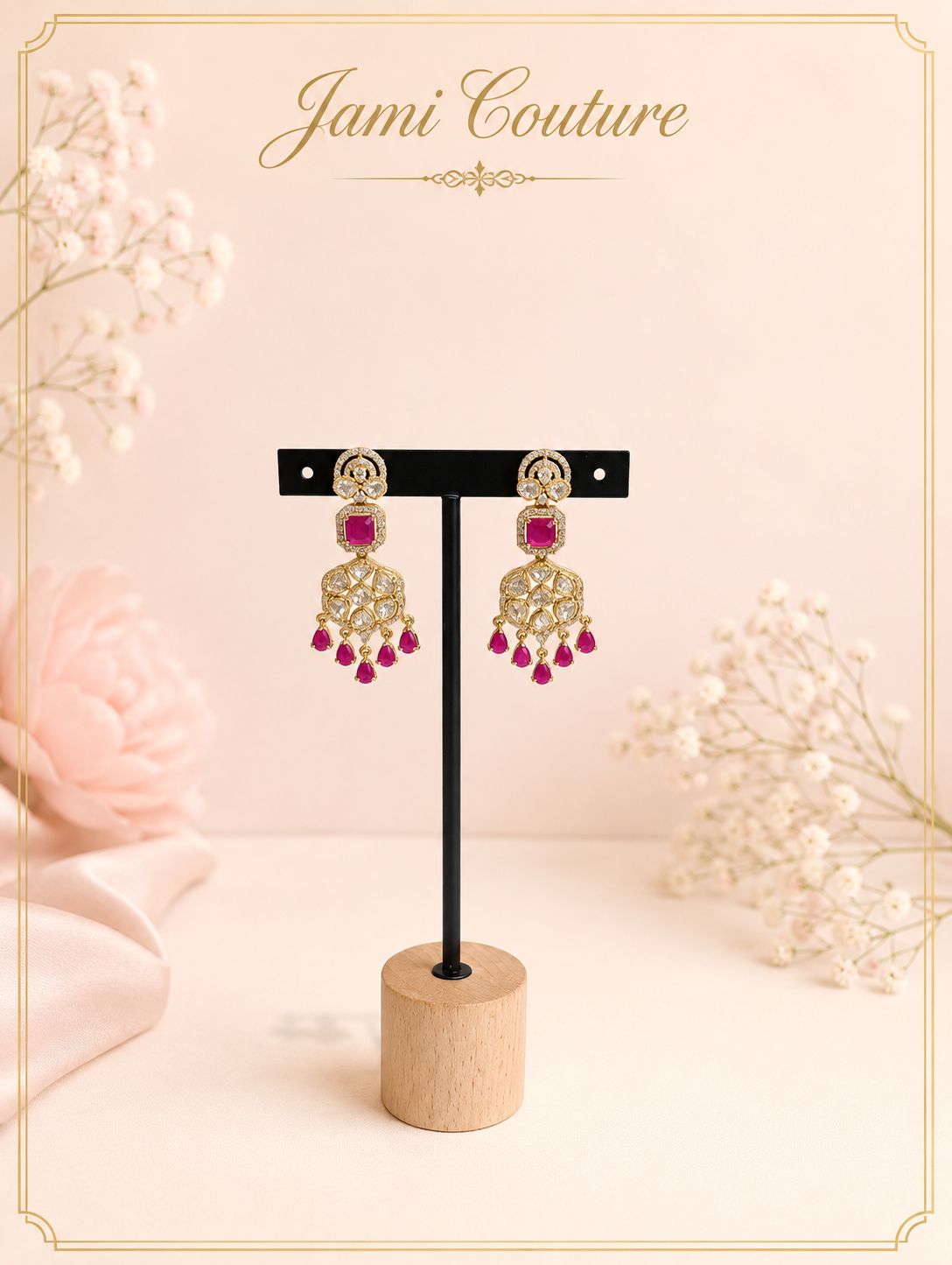 Ruby & White Kundan Chandelier Drop Earrings with Ruby Bead Fringe | Antique Gold-Toned Statement Jewelry