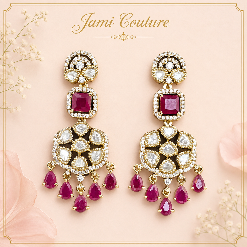 Ruby & White Kundan Chandelier Drop Earrings with Ruby Bead Fringe | Antique Gold-Toned Statement Jewelry