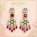 Ruby & White Kundan Chandelier Drop Earrings with Ruby Bead Fringe | Antique Gold-Toned Statement Jewelry