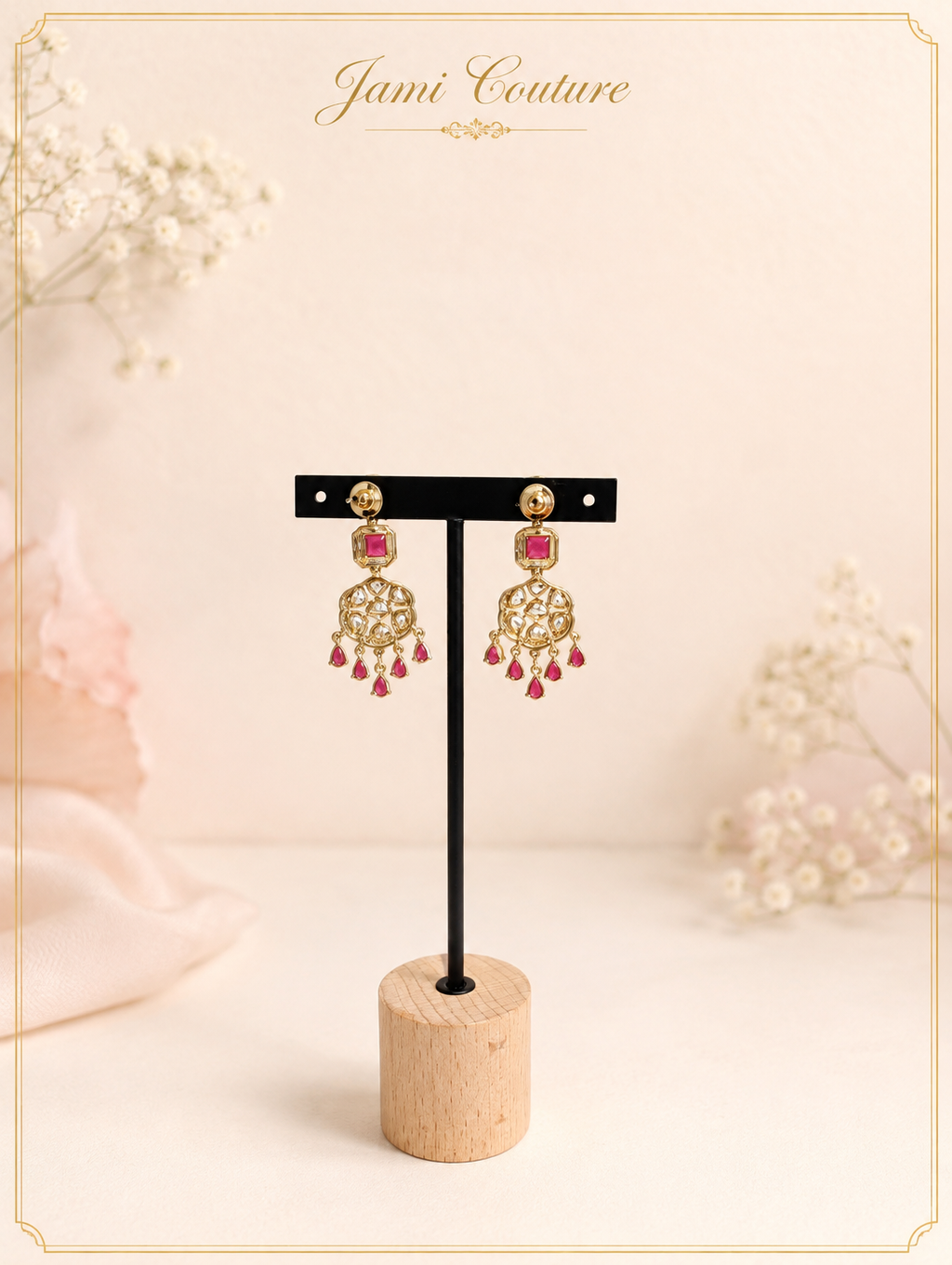 Ruby & White Kundan Chandelier Drop Earrings with Ruby Bead Fringe | Antique Gold-Toned Statement Jewelry