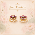 Ruby & White Kundan Lotus Stud Earrings with Pearl Fringe | Antique Gold-Toned Temple Jewelry