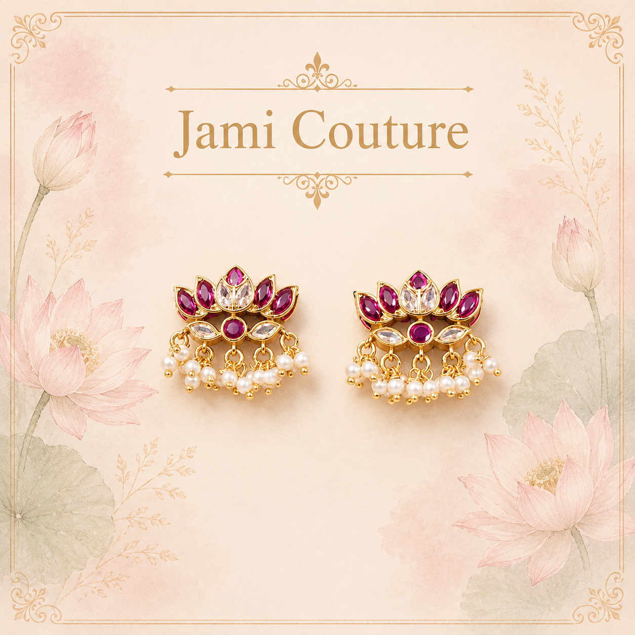 Ruby & White Kundan Lotus Stud Earrings with Pearl Fringe | Antique Gold-Toned Temple Jewelry