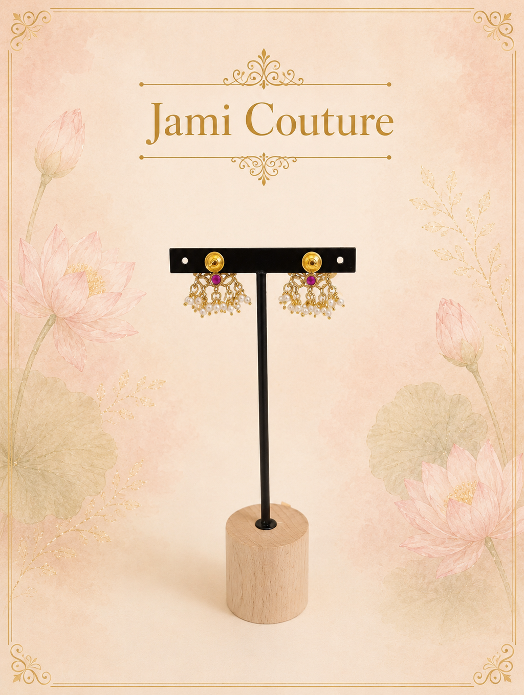 Ruby & White Kundan Lotus Stud Earrings with Pearl Fringe | Antique Gold-Toned Temple Jewelry