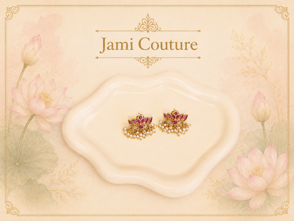 Ruby & White Kundan Lotus Stud Earrings with Pearl Fringe | Antique Gold-Toned Temple Jewelry