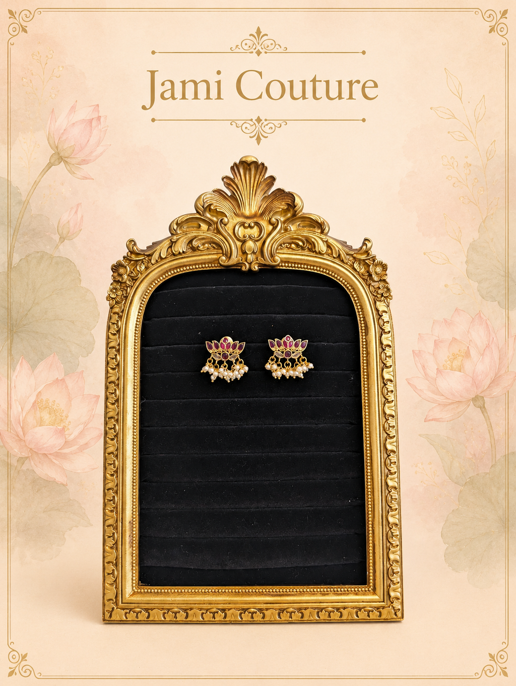 Ruby & White Kundan Lotus Stud Earrings with Pearl Fringe | Antique Gold-Toned Temple Jewelry