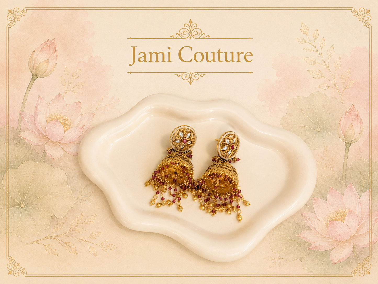 Antique Gold Kundan Jhumka Earrings with Ruby Bead & Gold Ball Cascade | Traditional Temple Jewelry
