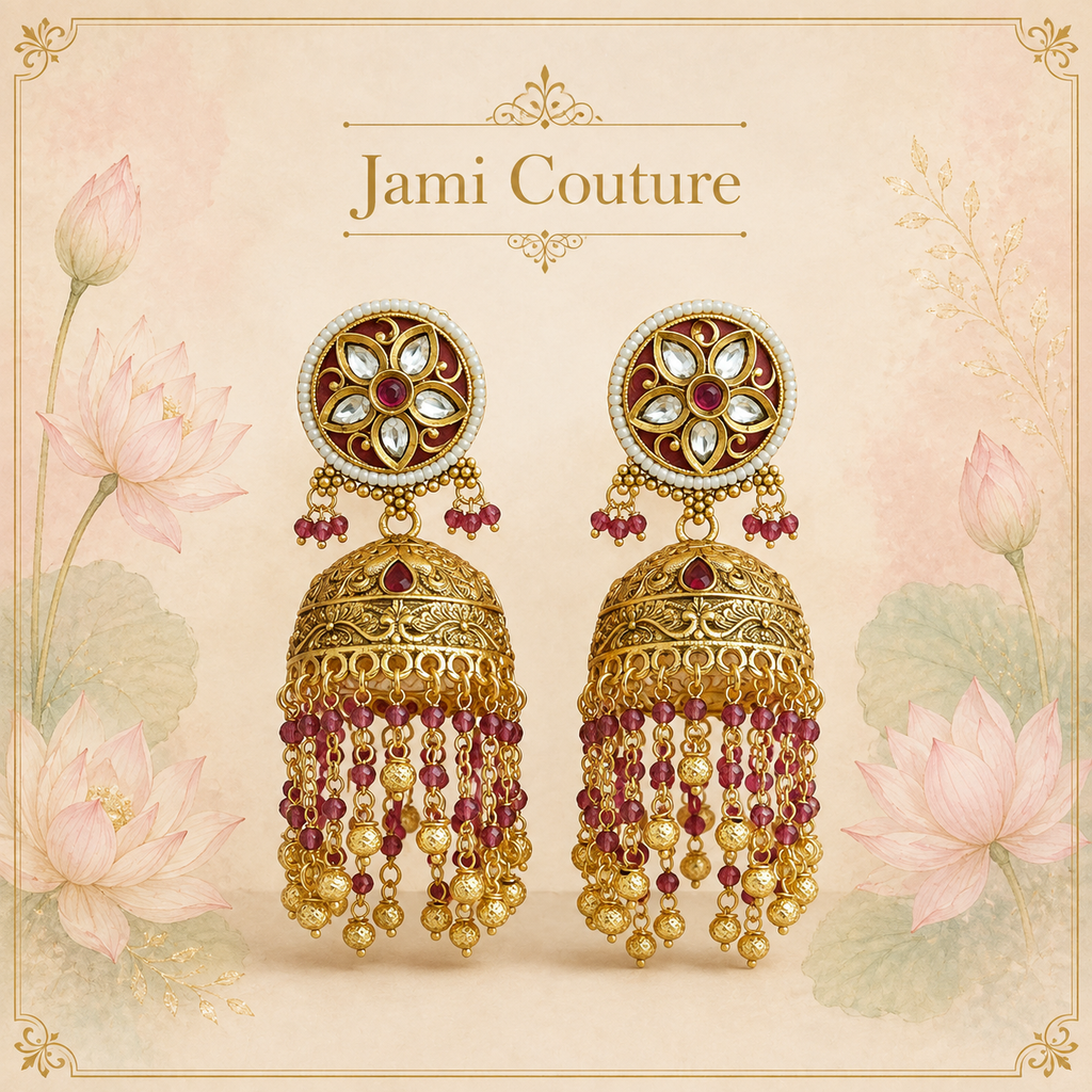 Antique Gold Kundan Jhumka Earrings with Ruby Bead & Gold Ball Cascade | Traditional Temple Jewelry