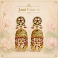Antique Gold Kundan Jhumka Earrings with Ruby Bead & Gold Ball Cascade | Traditional Temple Jewelry