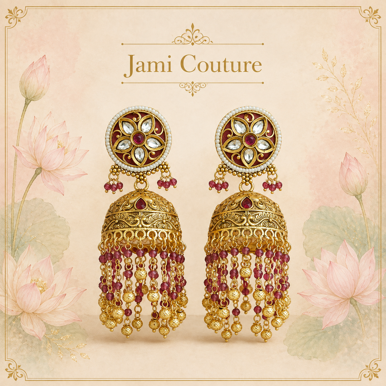 Antique Gold Kundan Jhumka Earrings with Ruby Bead & Gold Ball Cascade | Traditional Temple Jewelry