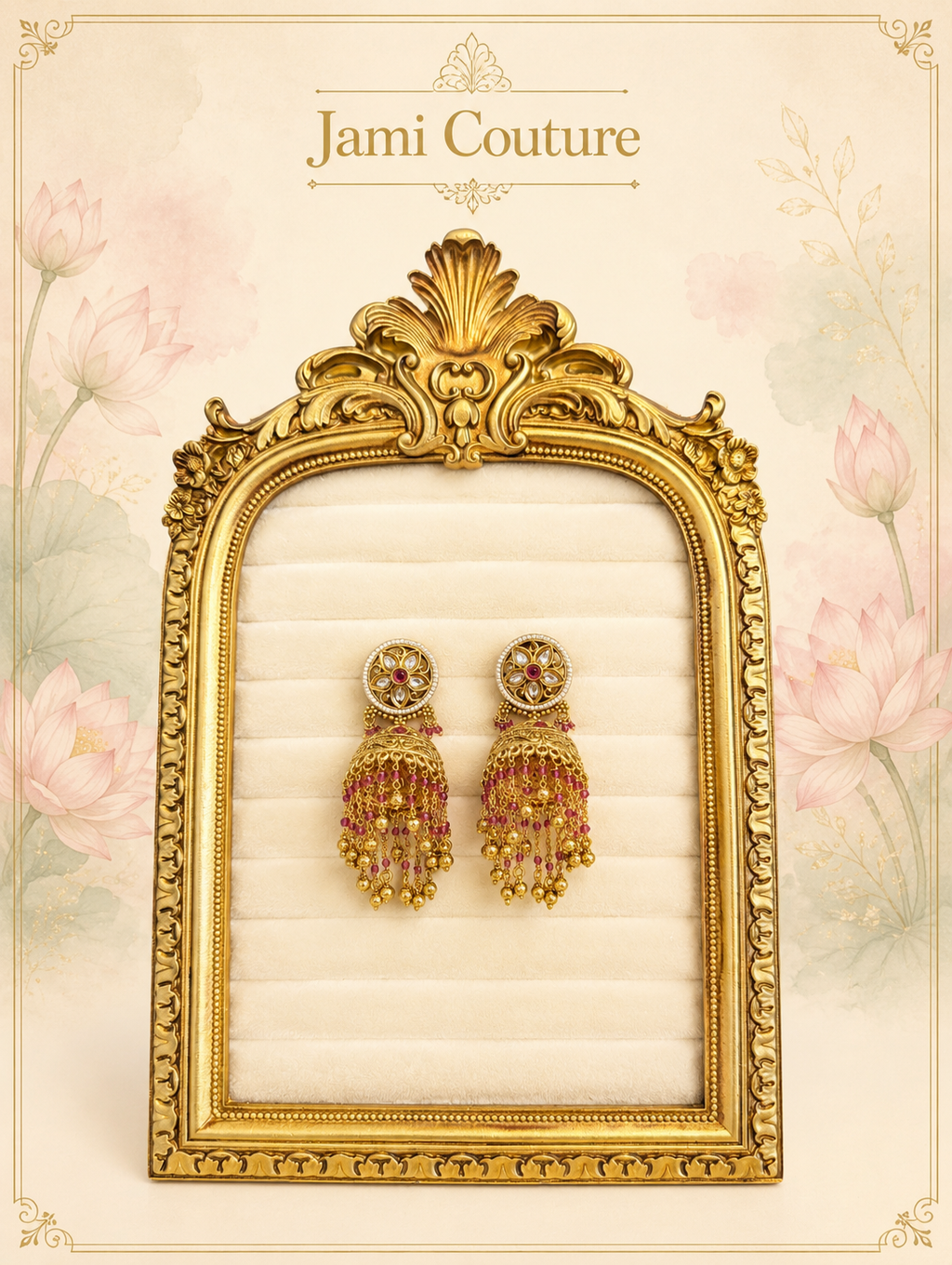 Antique Gold Kundan Jhumka Earrings with Ruby Bead & Gold Ball Cascade | Traditional Temple Jewelry