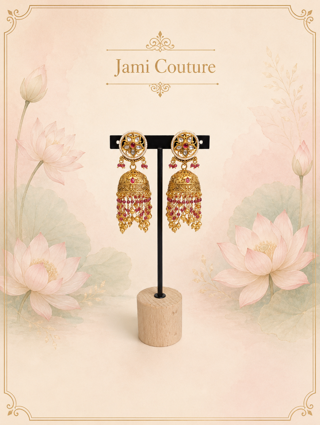 Antique Gold Kundan Jhumka Earrings with Ruby Bead & Gold Ball Cascade | Traditional Temple Jewelry