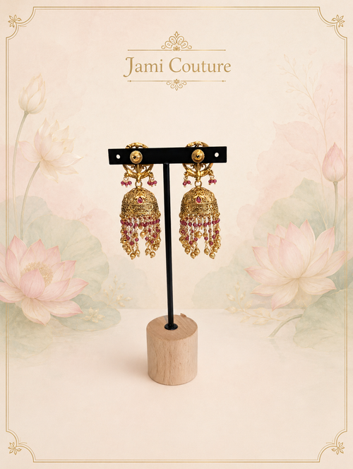 Antique Gold Kundan Jhumka Earrings with Ruby Bead & Gold Ball Cascade | Traditional Temple Jewelry