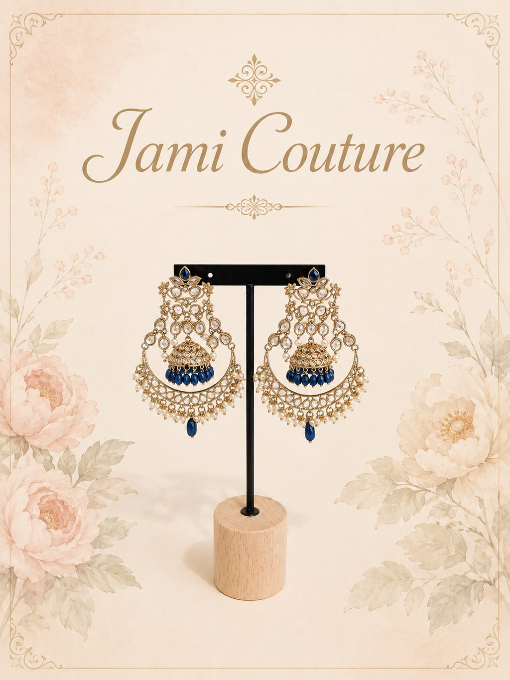 Antique Gold Kundan Chandbali Jhumka Earrings with Blue Bead & Pearl Drops | Traditional Bridal Jewelry
