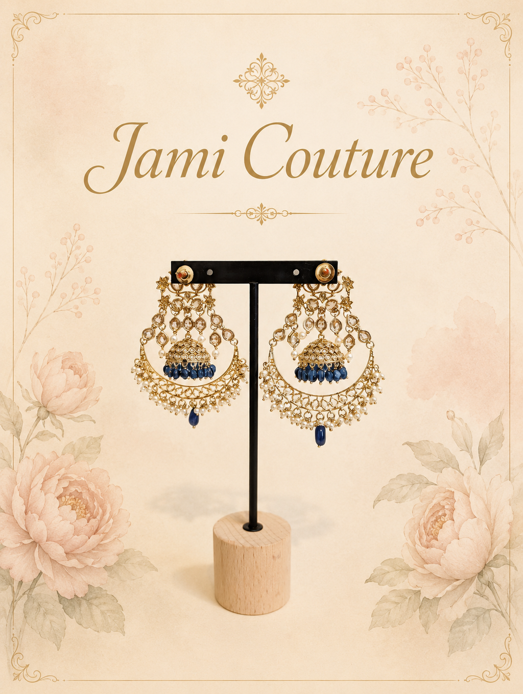 Antique Gold Kundan Chandbali Jhumka Earrings with Blue Bead & Pearl Drops | Traditional Bridal Jewelry