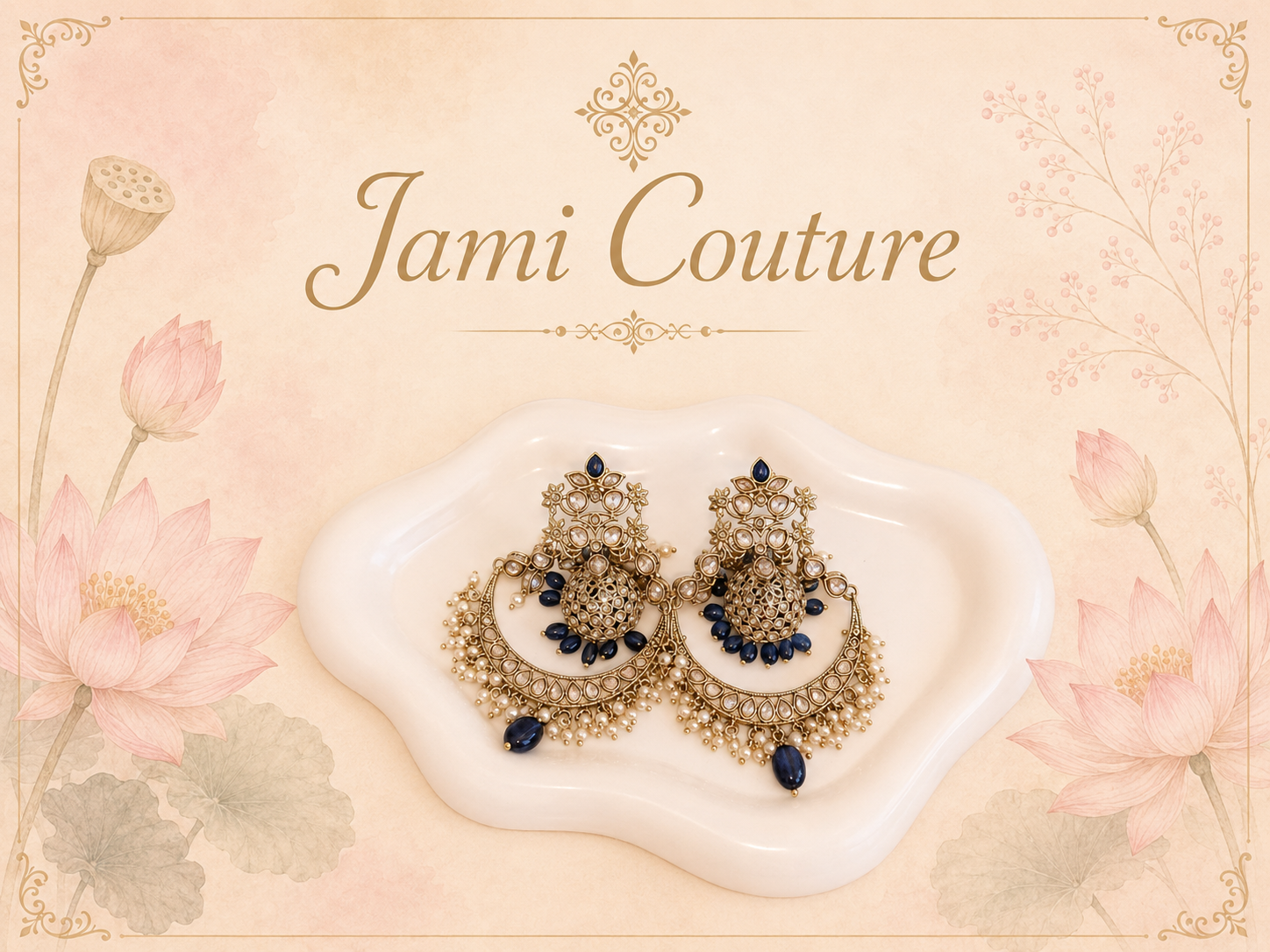 Antique Gold Kundan Chandbali Jhumka Earrings with Blue Bead & Pearl Drops | Traditional Bridal Jewelry