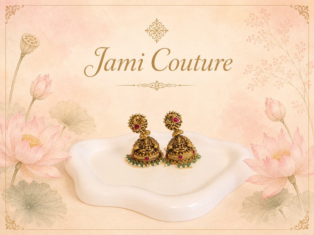 Antique Gold Lakshmi Peacock Jhumka Earrings with Ruby, Green Bead & Pearl Drops | Traditional Temple Jewelry