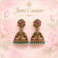 Antique Gold Lakshmi Peacock Jhumka Earrings with Ruby, Green Bead & Pearl Drops | Traditional Temple Jewelry