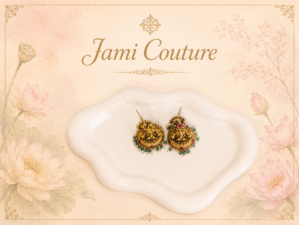 Antique Gold Lakshmi Peacock Jhumka Earrings with Ruby, Green Bead & Pearl Drops | Traditional Temple Jewelry
