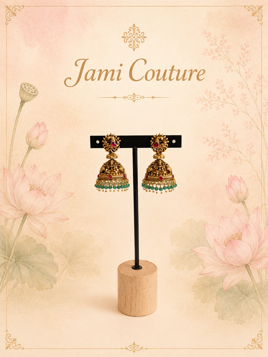 Antique Gold Lakshmi Peacock Jhumka Earrings with Ruby, Green Bead & Pearl Drops | Traditional Temple Jewelry