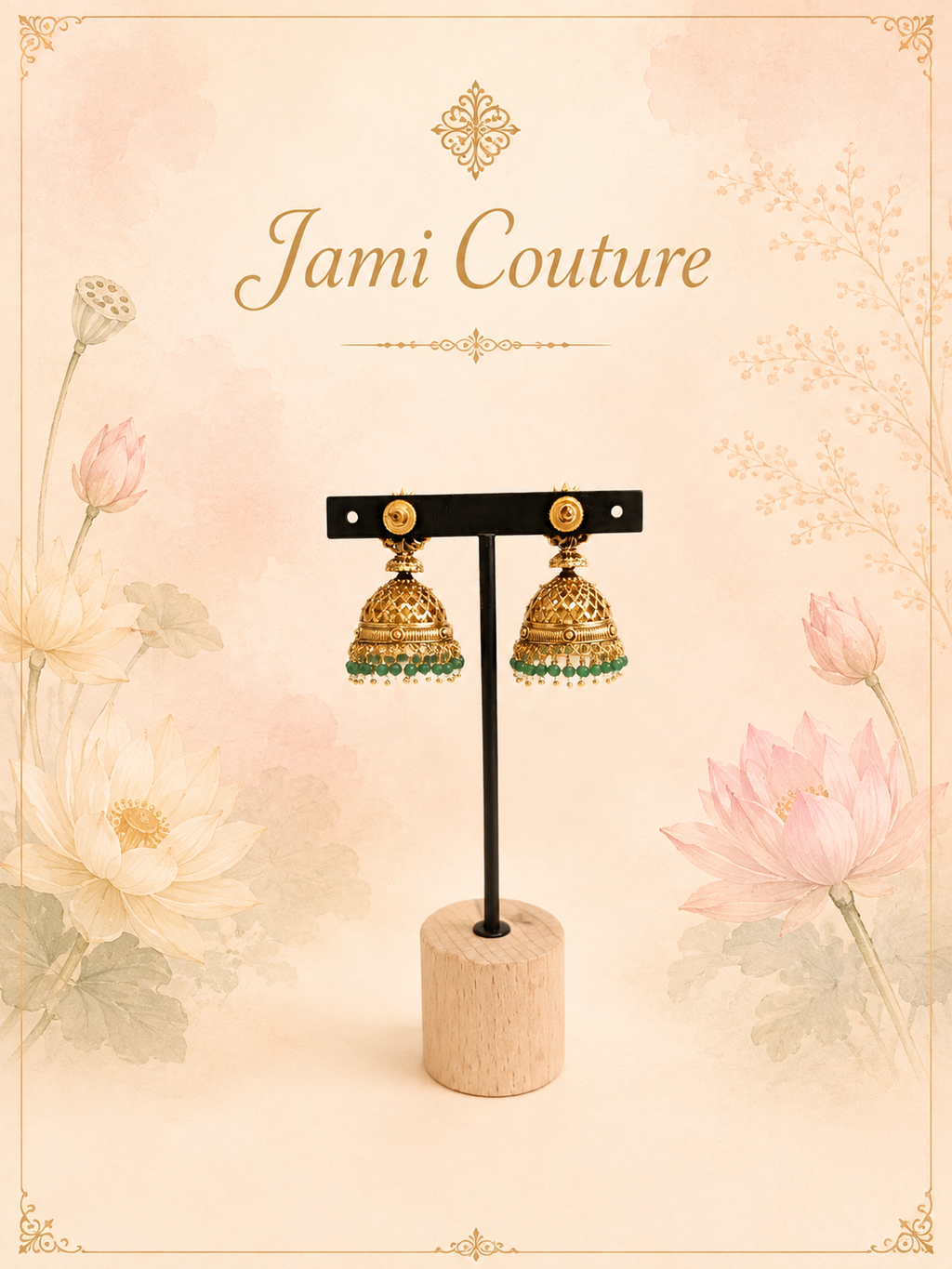 Antique Gold Lakshmi Peacock Jhumka Earrings with Ruby, Green Bead & Pearl Drops | Traditional Temple Jewelry