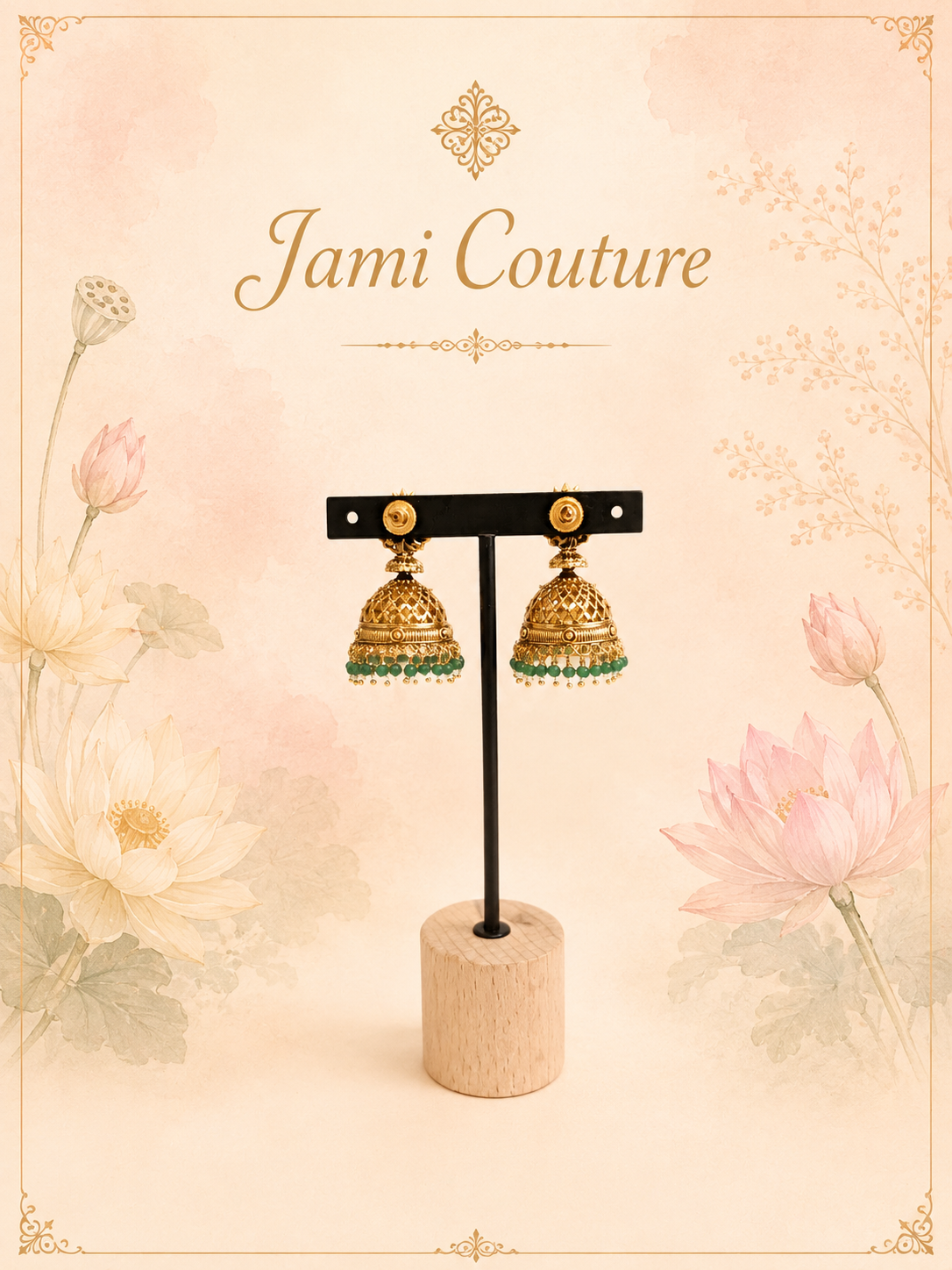 Antique Gold Lakshmi Peacock Jhumka Earrings with Ruby, Green Bead & Pearl Drops | Traditional Temple Jewelry