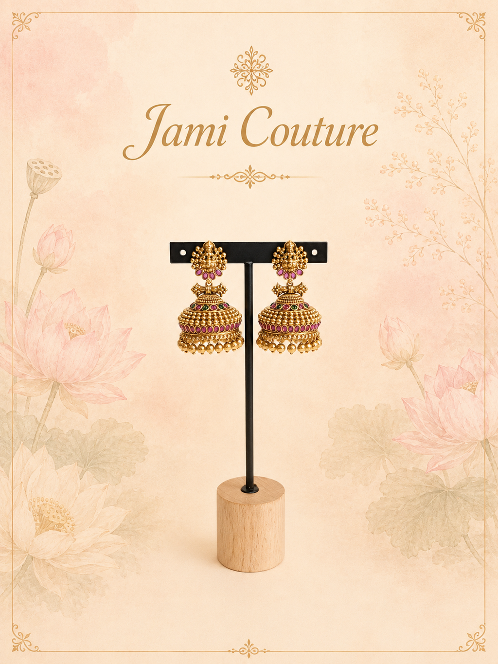 Antique Gold Lakshmi Temple Jhumka Earrings with Ruby & Gold Bead Cascade | Traditional Bridal Jewelry
