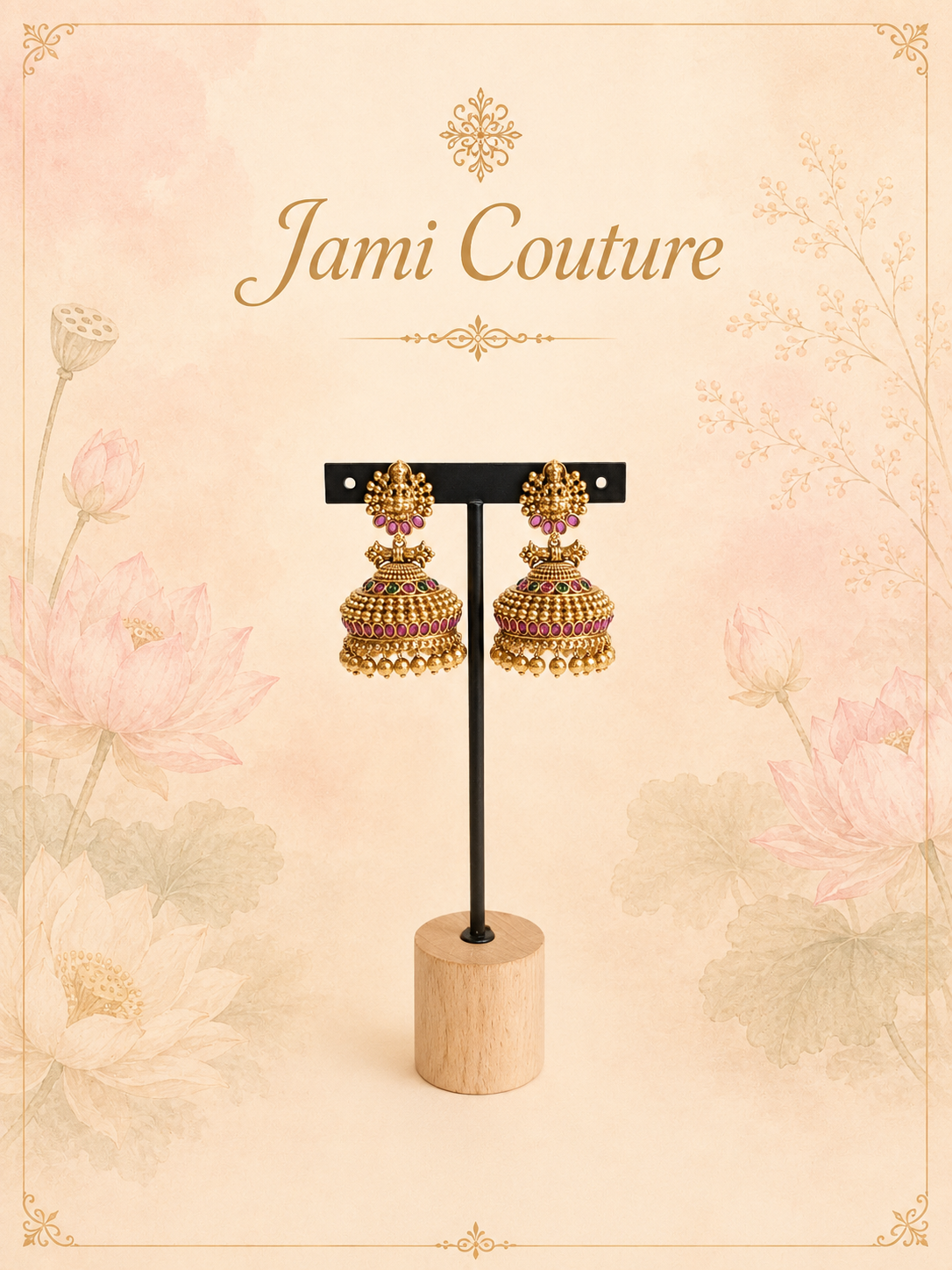 Antique Gold Lakshmi Temple Jhumka Earrings with Ruby & Gold Bead Cascade | Traditional Bridal Jewelry