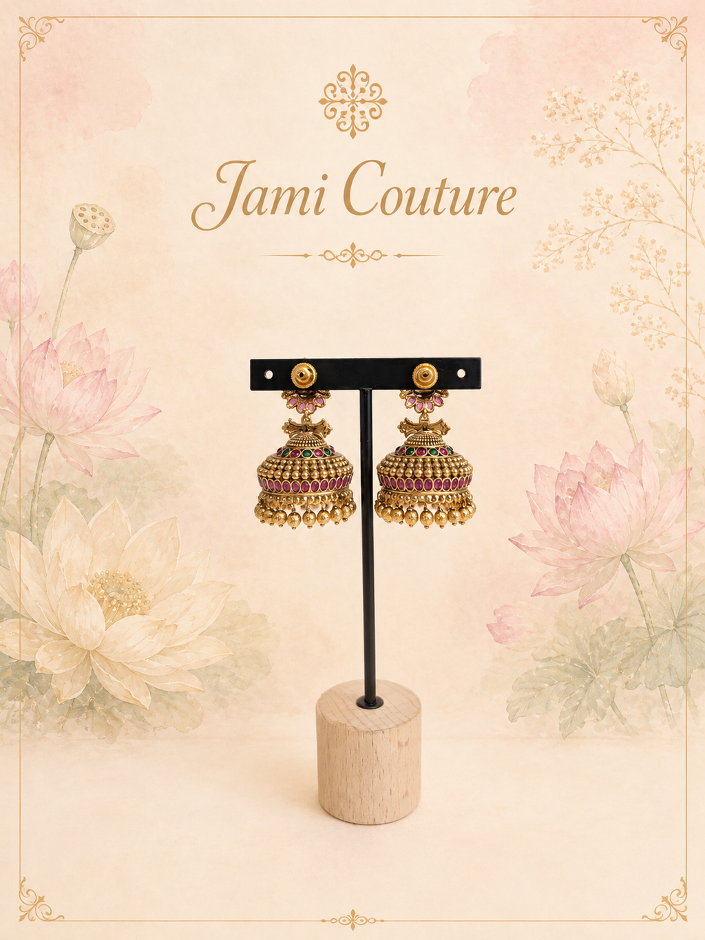 Antique Gold Lakshmi Temple Jhumka Earrings with Ruby & Gold Bead Cascade | Traditional Bridal Jewelry