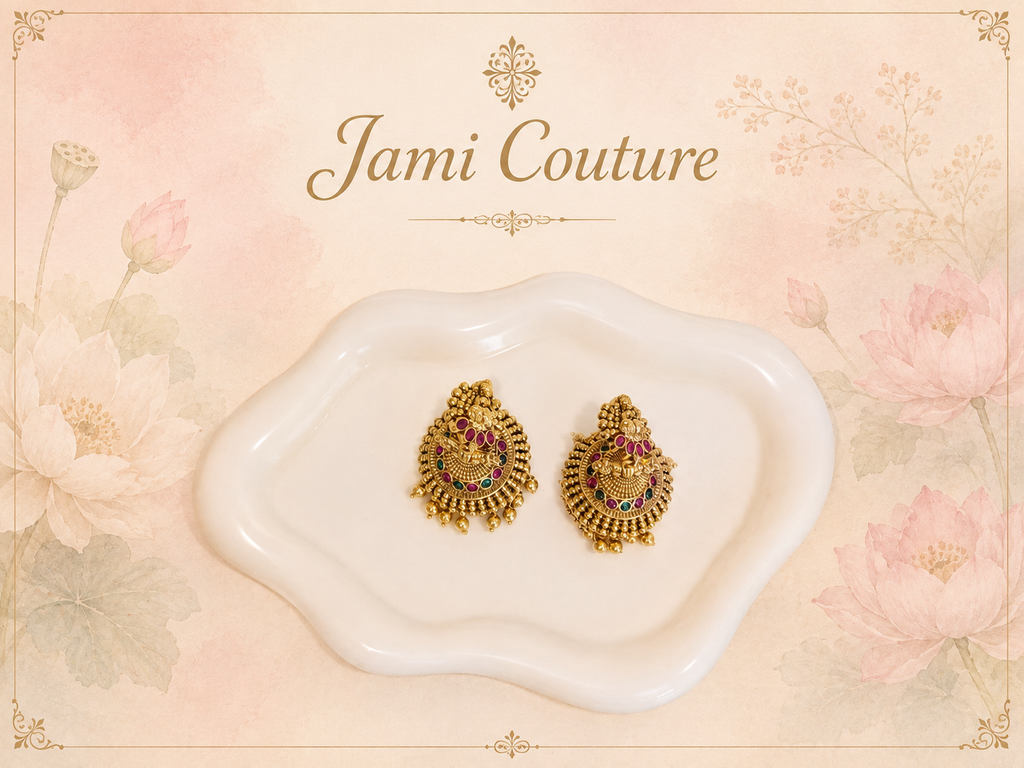 Antique Gold Lakshmi Temple Jhumka Earrings with Ruby & Gold Bead Cascade | Traditional Bridal Jewelry