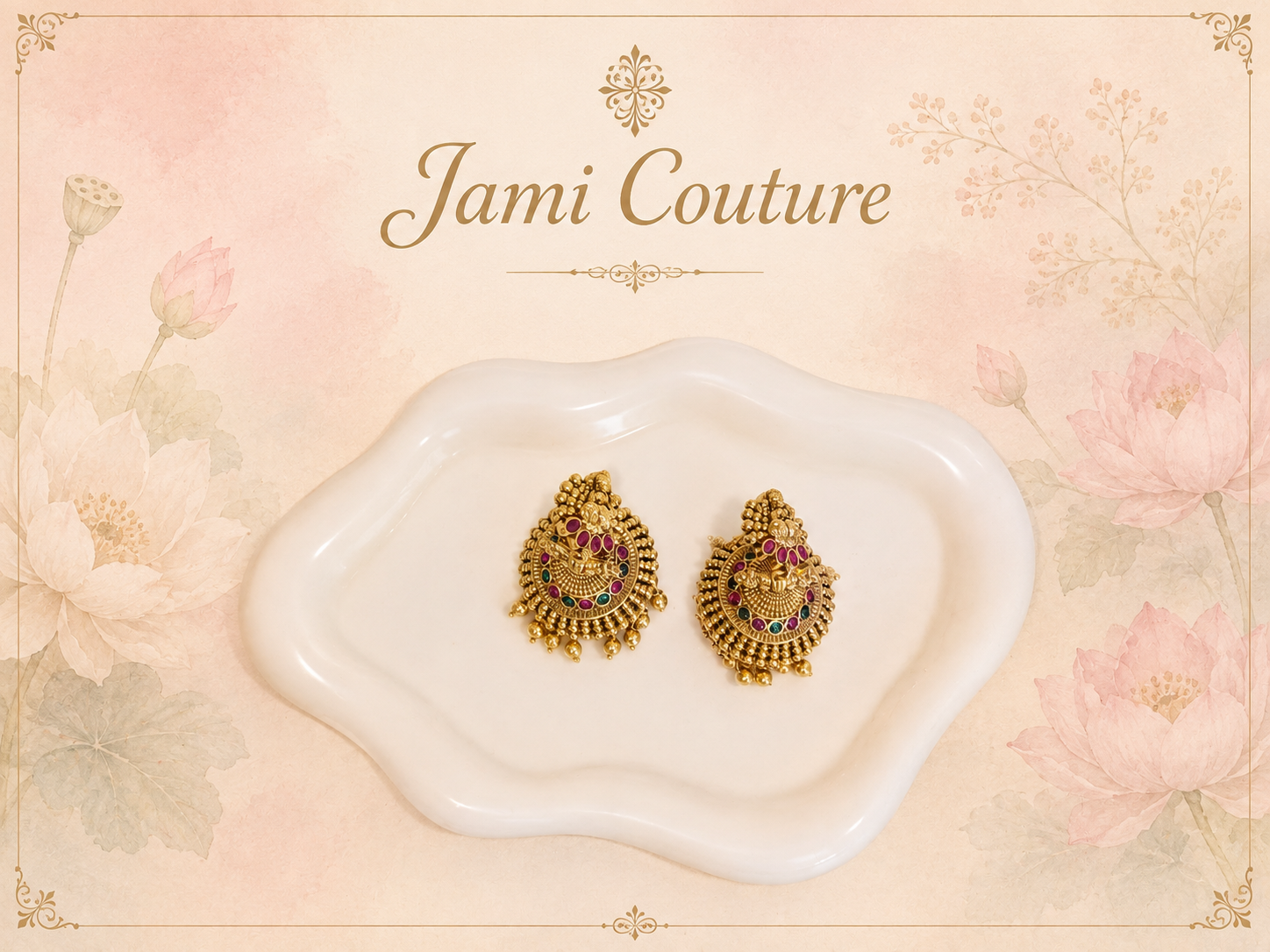 Antique Gold Lakshmi Temple Jhumka Earrings with Ruby & Gold Bead Cascade | Traditional Bridal Jewelry