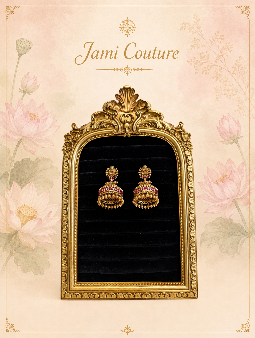 Antique Gold Lakshmi Temple Jhumka Earrings with Ruby & Gold Bead Cascade | Traditional Bridal Jewelry