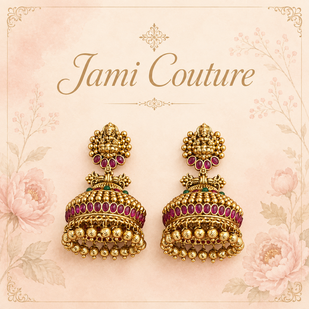 Antique Gold Lakshmi Temple Jhumka Earrings with Ruby & Gold Bead Cascade | Traditional Bridal Jewelry