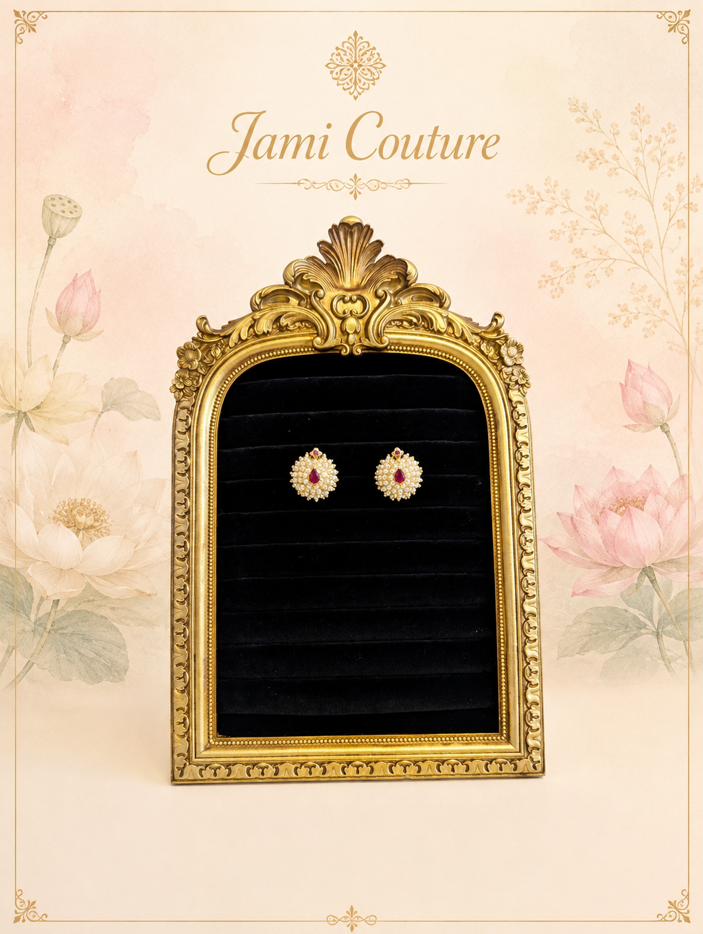 Gold Pearl Cluster Stud Earrings with Ruby Drop Center | Traditional Moti Temple Jewelry