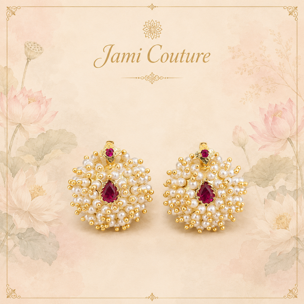 Gold Pearl Cluster Stud Earrings with Ruby Drop Center | Traditional Moti Temple Jewelry