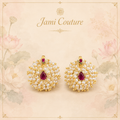 Gold Pearl Cluster Stud Earrings with Ruby Drop Center | Traditional Moti Temple Jewelry