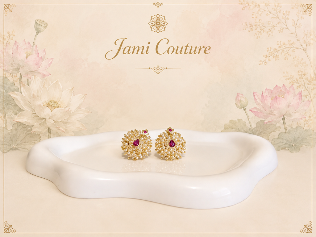 Gold Pearl Cluster Stud Earrings with Ruby Drop Center | Traditional Moti Temple Jewelry