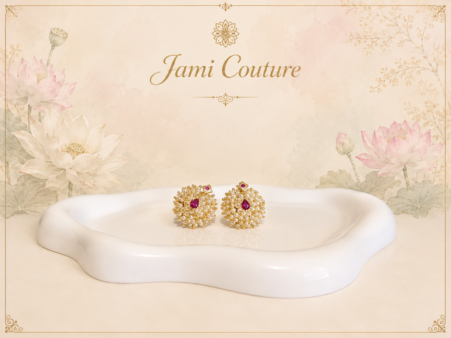Gold Pearl Cluster Stud Earrings with Ruby Drop Center | Traditional Moti Temple Jewelry