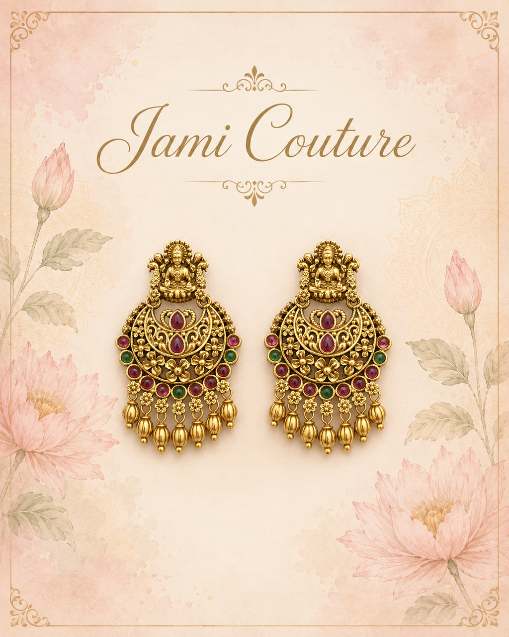 Antique Gold Lakshmi Chandbali Earrings with Ruby, Emerald & Gold Bead Drops | Traditional Temple Jewelry
