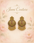 Antique Gold Lakshmi Chandbali Earrings with Ruby, Emerald & Gold Bead Drops | Traditional Temple Jewelry
