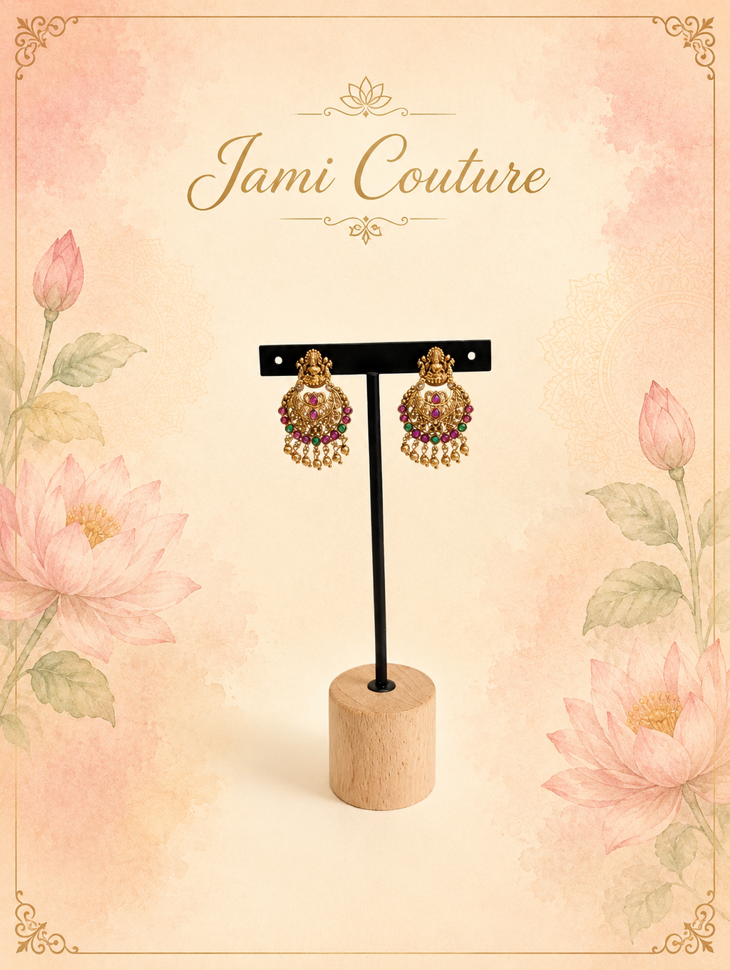 Antique Gold Lakshmi Chandbali Earrings with Ruby, Emerald & Gold Bead Drops | Traditional Temple Jewelry