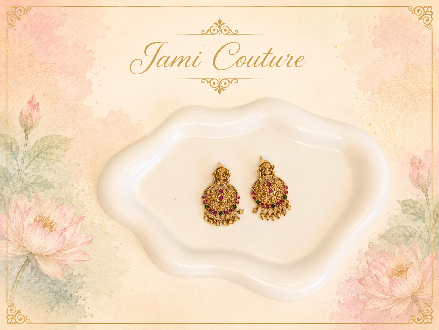 Antique Gold Lakshmi Chandbali Earrings with Ruby, Emerald & Gold Bead Drops | Traditional Temple Jewelry