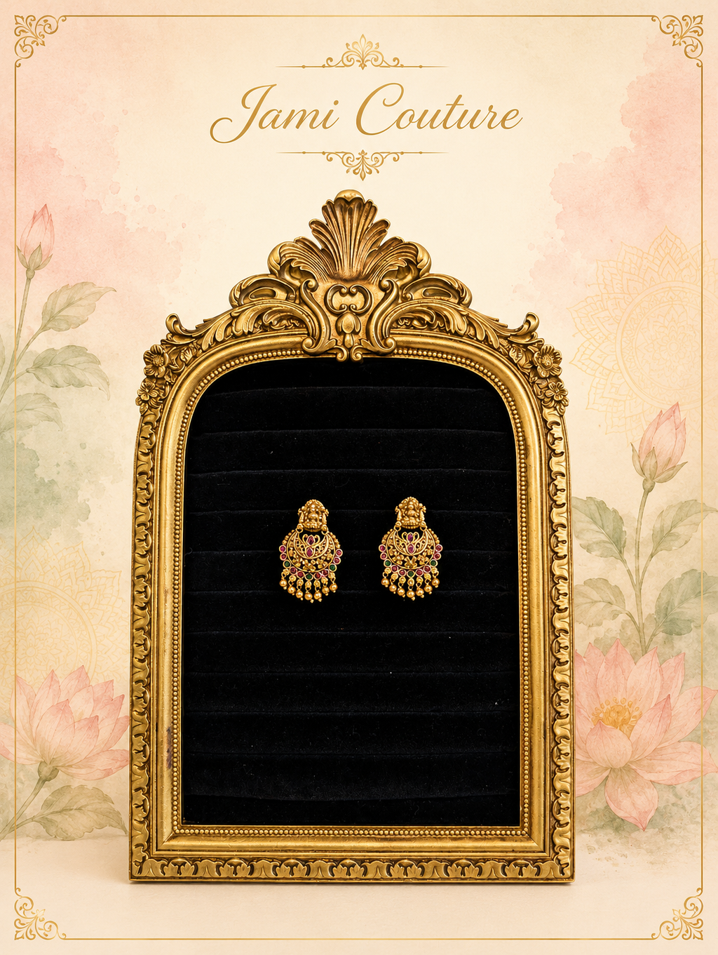 Antique Gold Lakshmi Chandbali Earrings with Ruby, Emerald & Gold Bead Drops | Traditional Temple Jewelry