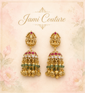 Antique Gold Lakshmi Jhumka Earrings with Ruby, Kundan & Green Bead Drops | Traditional Temple Jewelry