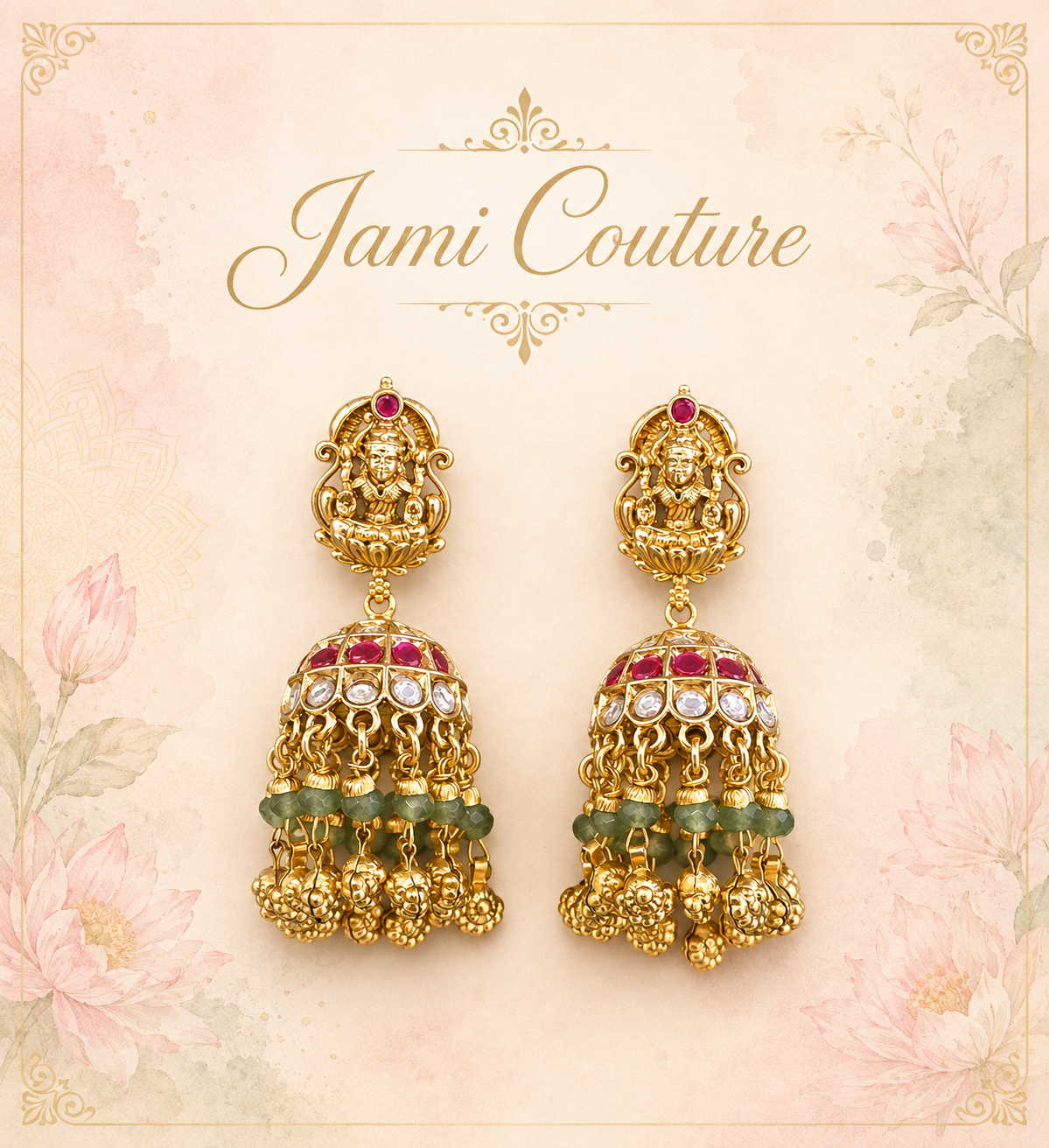 Antique Gold Lakshmi Jhumka Earrings with Ruby, Kundan & Green Bead Drops | Traditional Temple Jewelry
