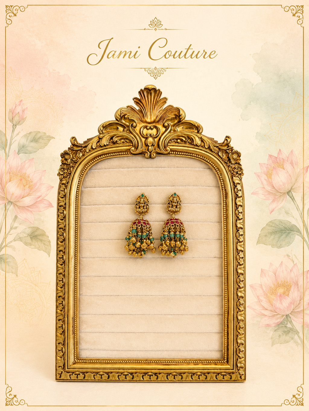 Antique Gold Lakshmi Jhumka Earrings with Ruby, Kundan & Green Bead Drops | Traditional Temple Jewelry