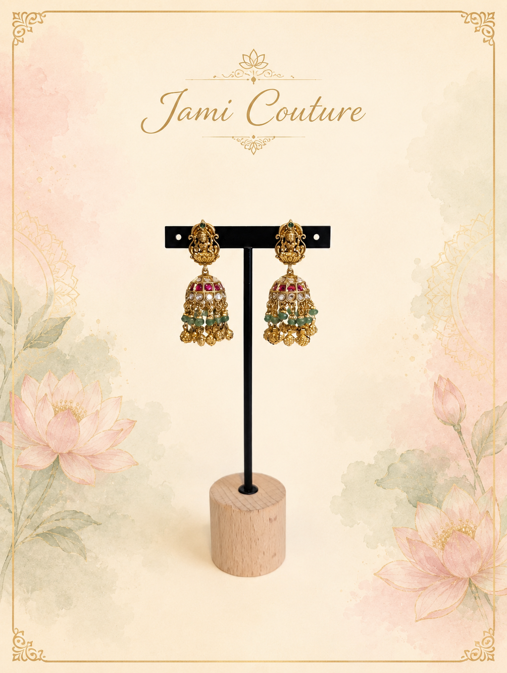 Antique Gold Lakshmi Jhumka Earrings with Ruby, Kundan & Green Bead Drops | Traditional Temple Jewelry