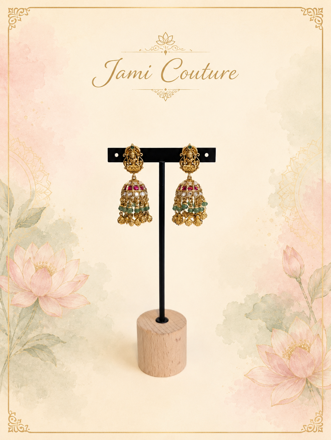 Antique Gold Lakshmi Jhumka Earrings with Ruby, Kundan & Green Bead Drops | Traditional Temple Jewelry