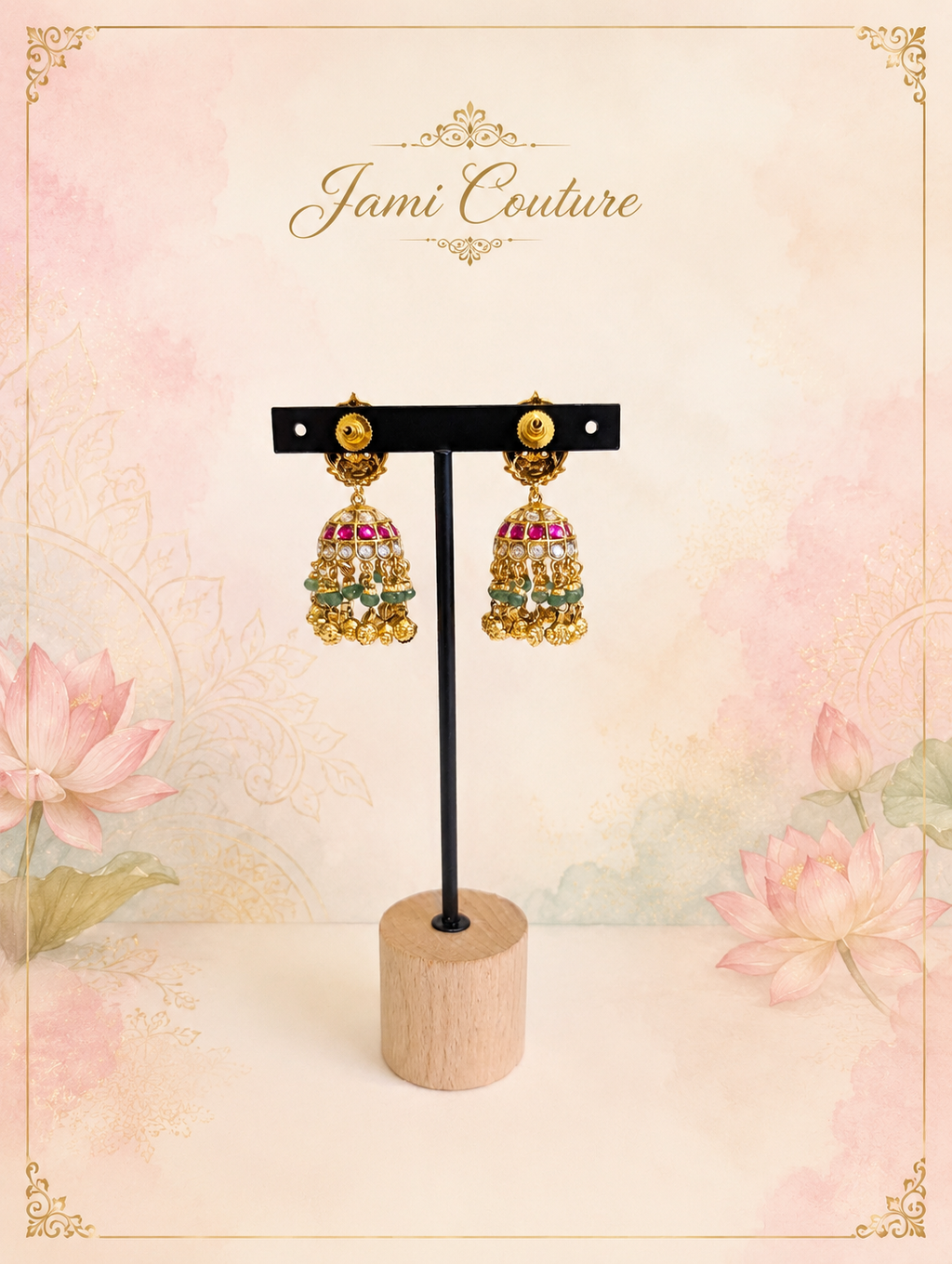 Antique Gold Lakshmi Jhumka Earrings with Ruby, Kundan & Green Bead Drops | Traditional Temple Jewelry