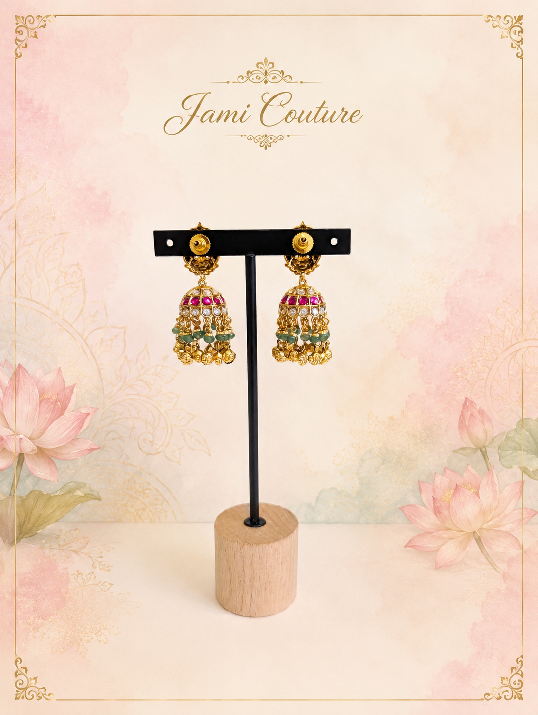 Antique Gold Lakshmi Jhumka Earrings with Ruby, Kundan & Green Bead Drops | Traditional Temple Jewelry